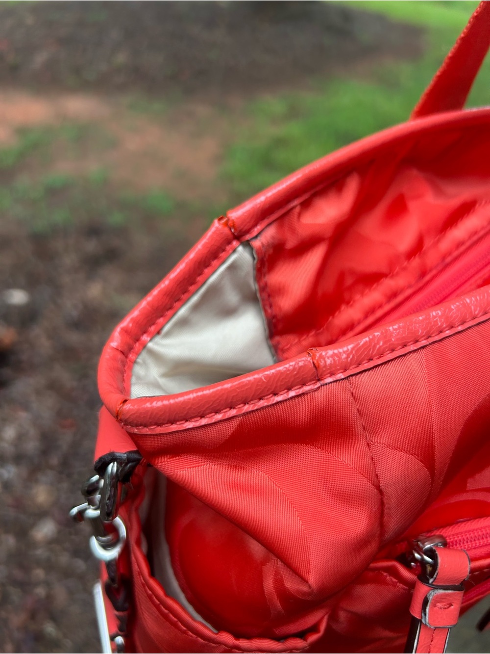 Coach F77577 Signature Nylon Diaper Bag Travel Tote Coral Red Crossbody - Picture 5 of 16